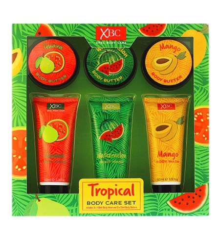 Xpel Tropical Body Care Set dárková sada sprchový gel Guava 100 ml + sprchový gel Watermelon 100 ml + sprchový gel Mango 100 ml + tělové máslo Guava 50 ml + tělové máslo Watermelon 50 ml + tělové máslo Mango 50 ml