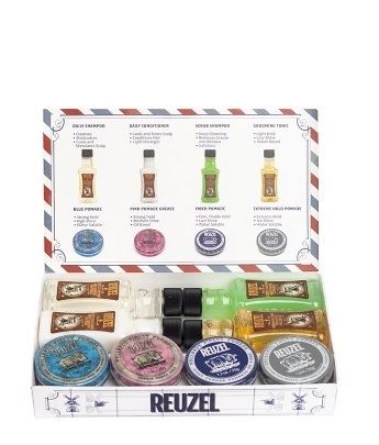 REUZEL Try Me Kit Pink Pomade 35g + Blue Pomade 35g + Fiber Pomade 35g + Extreme Hold Pomade 35g + Daily Shampoo 100 ml + Scrub Shampoo 100 ml + Daily Conditioner 100 ml + Grooming Tonic 100 ml dárková sada