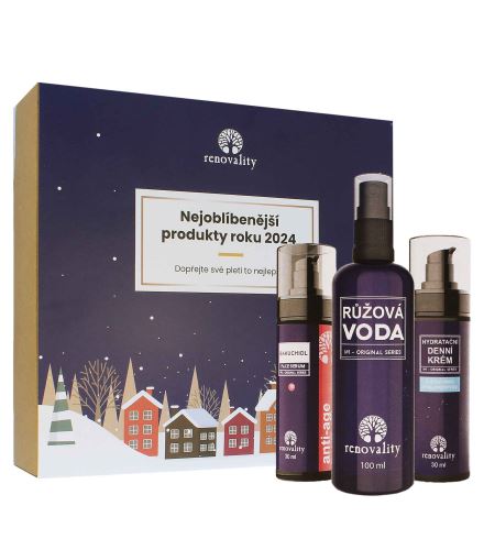Renovality Original Series nejoblíbenější produkty roku 2024 Bakuchiolové sérum 30 ml + růžová voda 100 ml + denní krém s kyselinou hyaluronovou 30 ml