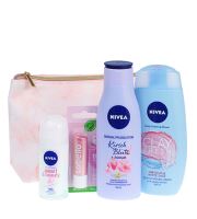 Nivea #Pink Power dárková sada (sprchový gel Clay Fresh Hibiscus &amp; White Sage 250 ml + tělové mléko Cherry Blossom &amp; Jojoba Oil 200 ml + antiperspirant roll-on Pearl &amp; Beauty 50 ml + balzám na rty Labello 4,8 g Pearly Shine + kosmetická taška)