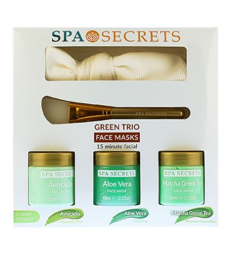Xpel Spa Secrets Green Trio Face Masks dárková sada pleťová maska Spa Secrets Avocado 60 ml + pleťová maska Spa Secrets Aloe Vera 60 ml + pleťová maska Spa Secrets Matcha Green Tea 60 ml + aplikátor + čelenka