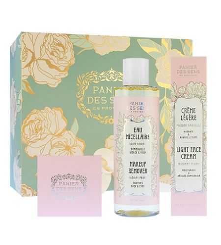 Panier Des Sens Radiant Peony dárková sada lehký krém na obličej 40 ml + výživný krém na obličej 50 ml + micelární voda 200 ml