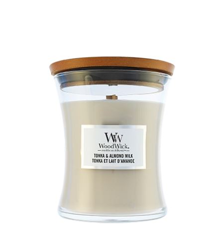 WoodWick Tonka & Almond Milk vonná svíčka s dřevěným knotem 275 g
