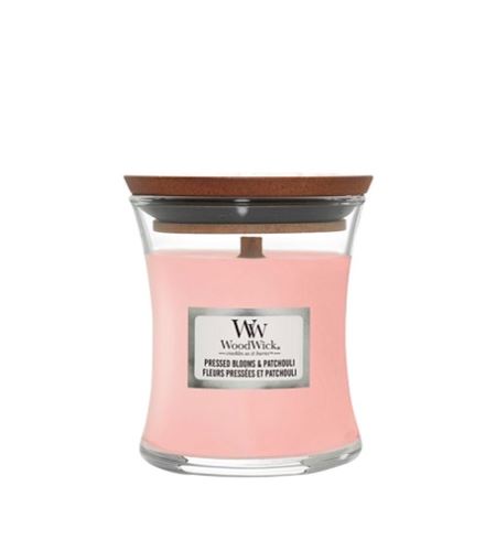 WoodWick Pressed Blooms & Patchouli vonná svíčka s dřevěným knotem 85 g