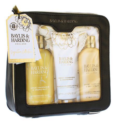Baylis & Harding Sweet Mandarin & Grapefruit dárková sada sprchový gel 300 ml + sprchový krém 300 ml + tělový krém 130 ml + mycí houba + kosmetická taštička na zip