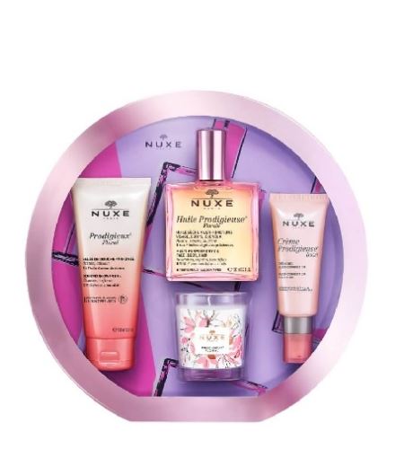 Nuxe Prodigiously Floral dárková sada (suchý olej Huile Prodigieuse Florale 100 ml + multikorekční gelový krém Creme Prodigieuse Boost 40 ml + sprchový gel Prodigieux Floral 100 ml + vonná svíčka Prodigieux Floral 70g)