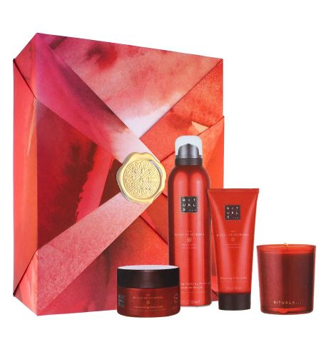 Rituals The Ritual Of Ayurveda Medium dárková sada sprchová pěna 200 ml + tělový krém 100 ml + tělový peeling 125 g + vonná svíčka 140 g