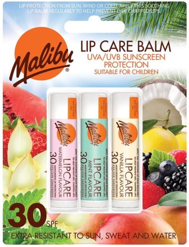 Malibu Lip Care set of lip balms spf 30 for women 3x4 g Watermelon, Mint, Vanilla