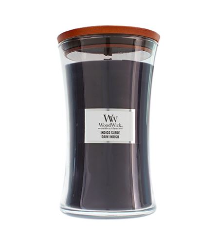 WoodWick Indigo Suede vonná svíčka s dřevěným knotem 609,5 g