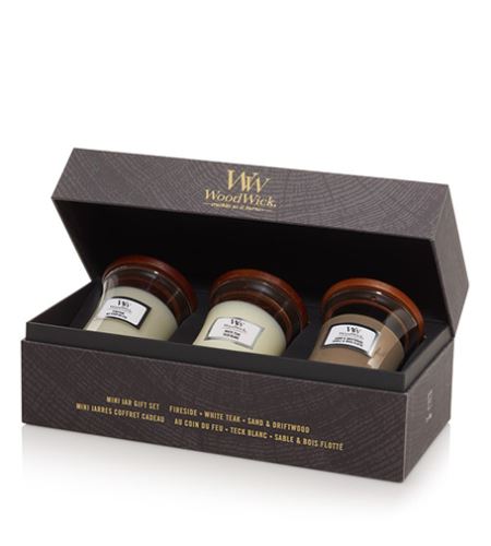 Woodwick Fireside, White Teak a Sand & Driftwood dárková sada 3 x 85 g