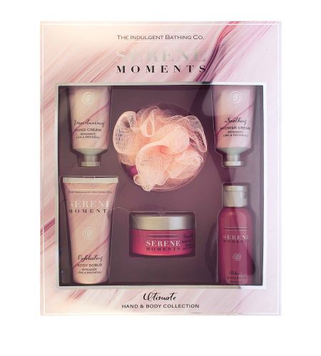 The Indulgent Bathing Co. Serene Moments Ultimate Hand & Body Collection dárková sada pěna do koupele 100 ml + tělové máslo 100 ml + tělový peeling 100 ml + krém na ruce 100 ml + sprchový krém 100 ml + mycí houba