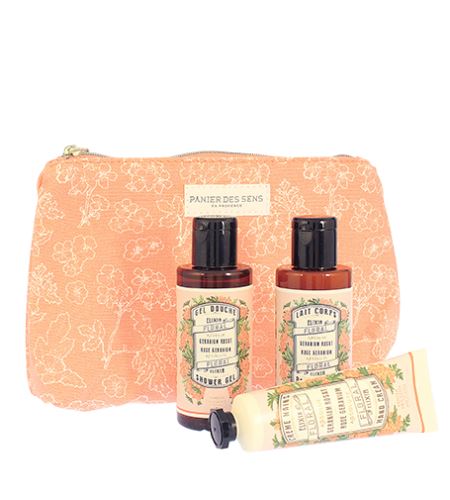 Panier Des Sens Rose Geranium dárková sada sprchový gel 70 ml + tělové mléko 70 ml + krém na ruce 30 ml