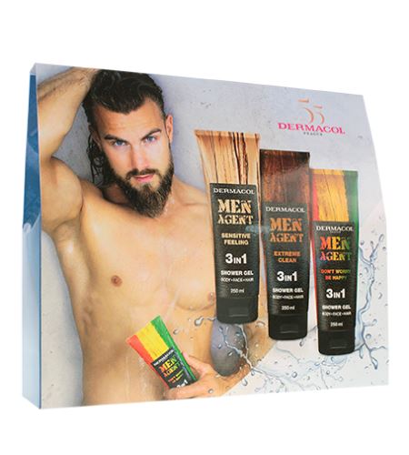 Dermacol Men Agent dárková sada sprchový gel Don't Worry Be Happy 250 ml + sprchový gel Extreme Clean 250 ml + sprchový gel Sensitive Feeling 250 ml