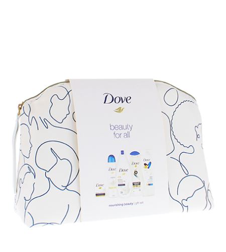 Dove Nourishing Beauty dárková sada sprchový gel Deeply Nourishing 250 ml + tělové mléko Essential Nourishment 250 ml + krémové mýdlo Original 100 g + antiperspirant sprej Original 150 ml + šampon Intensive Repair 250 ml + kosmetická taštička