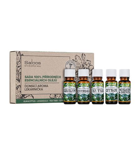 Saloos Domácí Aroma Lékárnička sada esenciálních olejů Eukalyptus 10 ml + Levandule 10 ml + Tea tree 10 ml + Citron 10 ml + Nachlazení a imunita 10 ml