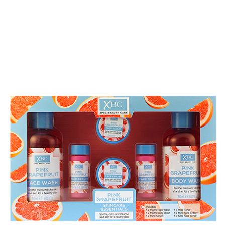 Xpel Pink Grapefruit Skincare Essentials dárková sada sprchový gel 150 ml + pleťový čisticí gel 150 ml + pleťové sérum 15 ml + pleťový toner 15 ml + pleťový krém 15 ml + pleťový peeling 10 ml
