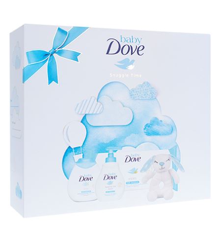 Dove Baby Snuggle Time dárková sada mycí gel na tělo a vlásky Baby Rich Moisture 200 ml + tělové mléko Baby Rich Moisture 200 ml + vlhčené ubrousky Baby Rich Moisture 50 ks + plyšové chrastítko
