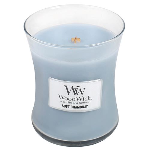 WoodWick Soft Chambray vonná svíčka s dřevěným knotem 275 g