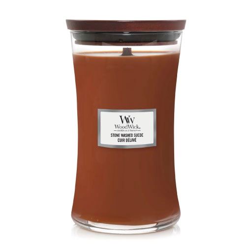 WoodWick Stone Washed Suede vonná svíčka s dřevěným knotem 609,5 g