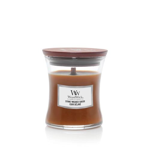 WoodWick Stone Washed Suede vonná svíčka s dřevěným knotem 85 g