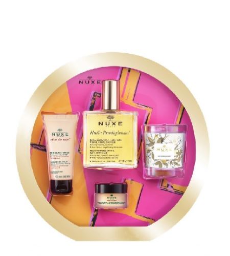 Nuxe Prodigieux Culte dárková sada (suchý olej Huile Prodigieuse 100 ml + krém na ruce Reve de Miel 30 ml + balzám na rty Reve de Miel Honey 15g + vonná svíčka Prodigieux 70g)