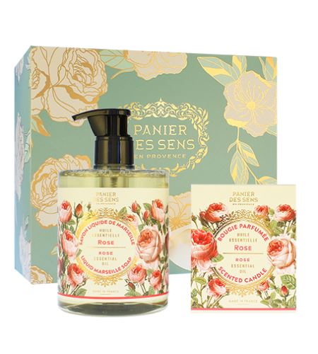 Panier Des Sens Rejuvenating Rose dárková sada tekuté mýdlo 500 ml + vonná svíčka 180 g