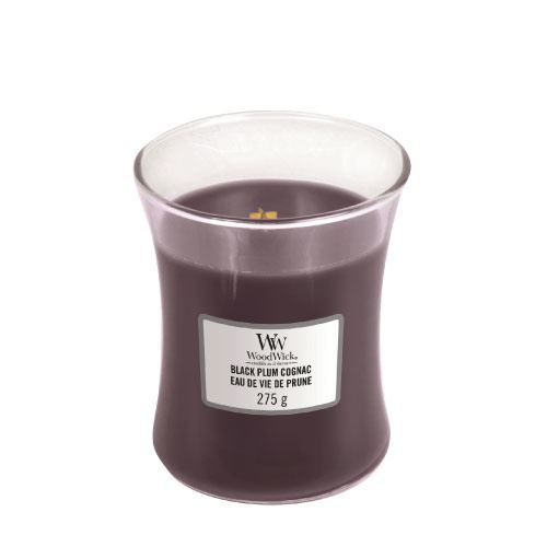 WoodWick Black Plum Cognac vonná svíčka s dřevěným knotem 275 g
