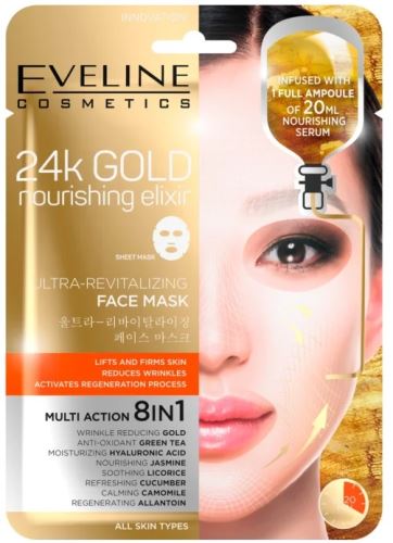 Eveline Cosmetics 24k Gold Nourishing Elixír ultra invigorating nourishing facial textile mask with 24k gold