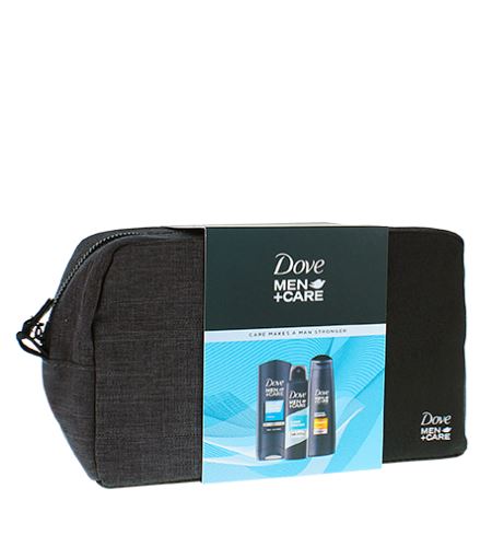 Dove Men+ Care Care Makes A Man Stronger dárková sada sprchový gel Men+ Clean Comfort 250 ml + antiperspirant sprej Men+ Clean Comfort 150 ml + šampon Men+ Thickening 250 ml + kosmetická taška