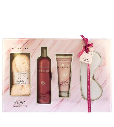 The Indulgent Bathing Co. Serene Moments Perfect Pamper Set dárková sada pěna do koupele 300 ml + krém na nohy 100 ml + maska na spaní + ponožky
