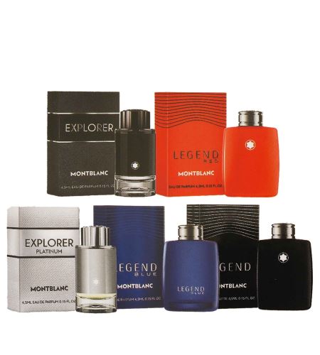Montblanc Miniature Collection dárková sada pro muže toaletní voda Legend 4,5 ml + parfémovaná voda Legend Blue 4,5 ml + parfémovaná voda Legend Red 4,5 ml + parfémovaná voda Explorer 4,5 ml + parfémovaná voda Explorer Platinum 4,5 ml