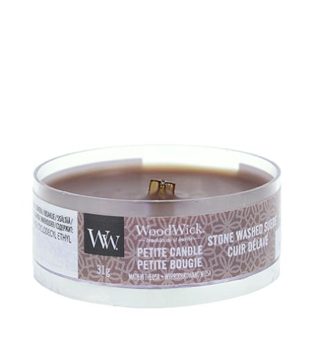 WoodWick Petite Stone Washed Suede vonná svíčka s dřevěným knotem 31 g