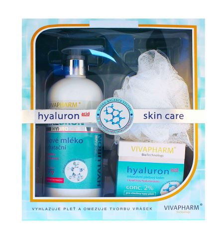 Vivaco Hyaluron Acid Care dárková sada pleťový krém s kyselinou hyaluronovou 50 ml + tělové mléko s kyselinou hyaluronovou 400 ml + masážní žínka