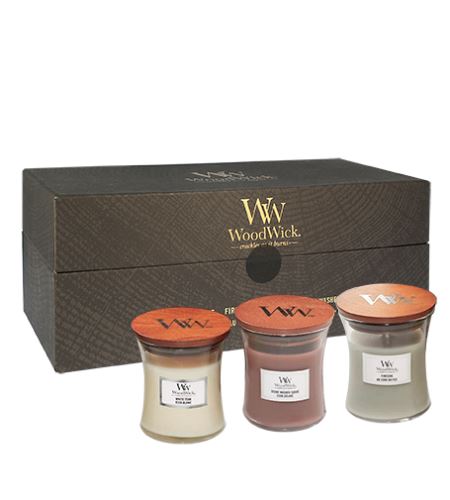 WoodWick Fireside, White Teak, Stone Washed Suede dárková sada 3 x 85 g
