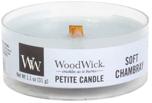 WoodWick Petite Soft Chambray vonná svíčka s dřevěným knotem 31 g