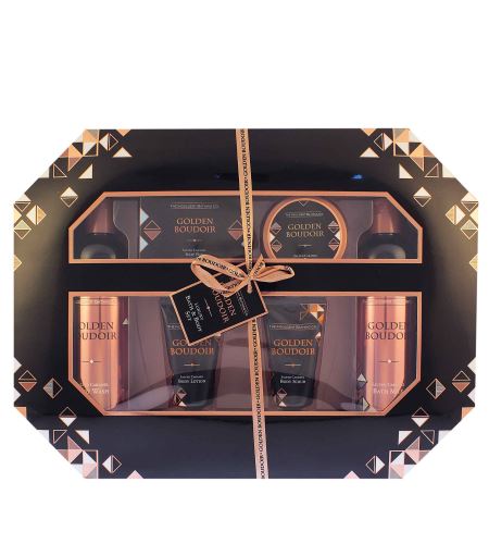 The Indulgent Bathing Co. Golden Boudoir Luxury Bath & Body Set dárková sada mýdlo 50 g + tělové máslo 100 ml + sprchový gel 300 ml + sprchový peeling 50 ml + krém na ruce 50 ml + koupelové mléko 300 ml