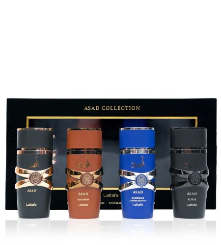Lattafa Asad Collection dárková sada pro muže parfémovaná voda Asad 25 ml + parfémovaná voda Asad Bourbon 25 ml + parfémovaná voda Asad Zanzibar 25 ml + parfémovaná voda Asad Elixir 25 ml