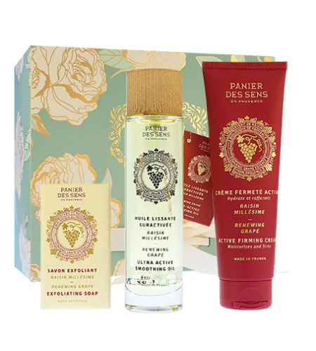 Panier Des Sens Renewing Grape dárková sada exfoliační mýdlo 150 g + suchý tělový olej 100 ml + zpevňující tělový krém 140 ml