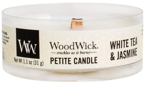 WoodWick Petite White Tea & Jasmine vonná svíčka s dřevěným knotem 31 g